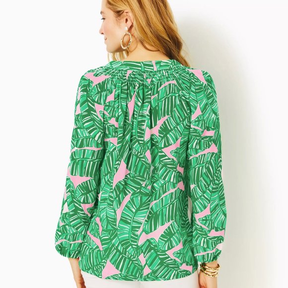 Lilly Pulitzer Elsa Silk Top, Conch Shell Pink Lets Go Bananas - Picture 2 of 5